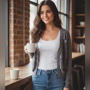 EUC Ann Taylor Gray Lightweight Ruffle Cardigan